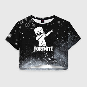 Женская футболка Crop-top 3D с принтом НОВОГОДНИЙ FORTNITE MARSHMELLO в Санкт-Петербурге, 100% полиэстер | круглая горловина, длина футболки до линии талии, рукава с отворотами | fortnite | fortnite 2 | fortnite x | game | marshmello | игра | маршмелло | новогодний | снежинки | фортнайт | фортнайт 2 | фортнайт глава 2