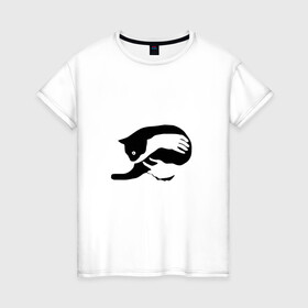 Женская футболка хлопок с принтом Обнимашки кошечка в Санкт-Петербурге, 100% хлопок | прямой крой, круглый вырез горловины, длина до линии бедер, слегка спущенное плечо | cat | девушке | животное | кошечка | кошка | обнимашка | подарок