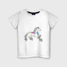 Детская футболка хлопок с принтом Разноцветный единорог на светлом в Санкт-Петербурге, 100% хлопок | круглый вырез горловины, полуприлегающий силуэт, длина до линии бедер | волшебство | единорог | животное | животные | звери | зверь | конь | лошадь | магия | сказка | фауна