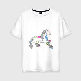 Женская футболка хлопок Oversize с принтом Разноцветный единорог на светлом в Санкт-Петербурге, 100% хлопок | свободный крой, круглый ворот, спущенный рукав, длина до линии бедер
 | Тематика изображения на принте: волшебство | единорог | животное | животные | звери | зверь | конь | лошадь | магия | сказка | фауна