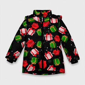 Зимняя куртка для девочек 3D с принтом Новогодние паттерн подарков в Санкт-Петербурге, ткань верха — 100% полиэстер; подклад — 100% полиэстер, утеплитель — 100% полиэстер. | длина ниже бедра, удлиненная спинка, воротник стойка и отстегивающийся капюшон. Есть боковые карманы с листочкой на кнопках, утяжки по низу изделия и внутренний карман на молнии. 

Предусмотрены светоотражающий принт на спинке, радужный светоотражающий элемент на пуллере молнии и на резинке для утяжки. | 2022 | happy new year | merry christmas | год тигра | зима близко | нг | новогодний | новогодний тигр | новогодняя символика | новый год | новый год 2022 | паттерн | подарки | подарок | праздник | рождество