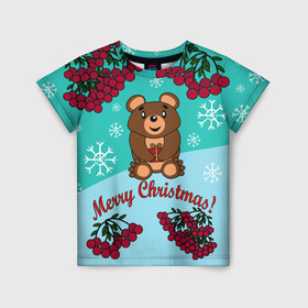 Детская футболка 3D с принтом Мишка и рождество в Санкт-Петербурге, 100% гипоаллергенный полиэфир | прямой крой, круглый вырез горловины, длина до линии бедер, чуть спущенное плечо, ткань немного тянется | Тематика изображения на принте: 2022 | merry christmas | ветки | год тигра | детский | животные | зима | зимний | лес | медведь | мишка | мультяшный | новогодний | новый год | подарок | праздничный | рождество | рябина | снег | снегопад