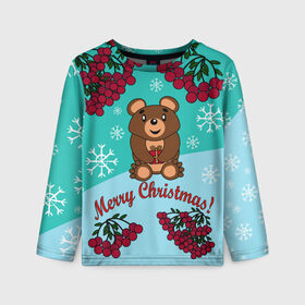 Детский лонгслив 3D с принтом Мишка и рождество в Санкт-Петербурге, 100% полиэстер | длинные рукава, круглый вырез горловины, полуприлегающий силуэт
 | 2022 | merry christmas | ветки | год тигра | детский | животные | зима | зимний | лес | медведь | мишка | мультяшный | новогодний | новый год | подарок | праздничный | рождество | рябина | снег | снегопад