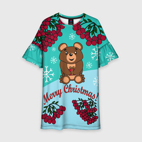 Детское платье 3D с принтом Мишка и рождество в Санкт-Петербурге, 100% полиэстер | прямой силуэт, чуть расширенный к низу. Круглая горловина, на рукавах — воланы | 2022 | merry christmas | ветки | год тигра | детский | животные | зима | зимний | лес | медведь | мишка | мультяшный | новогодний | новый год | подарок | праздничный | рождество | рябина | снег | снегопад