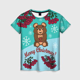 Женская футболка 3D с принтом Мишка и рождество в Санкт-Петербурге, 100% полиэфир ( синтетическое хлопкоподобное полотно) | прямой крой, круглый вырез горловины, длина до линии бедер | 2022 | merry christmas | ветки | год тигра | детский | животные | зима | зимний | лес | медведь | мишка | мультяшный | новогодний | новый год | подарок | праздничный | рождество | рябина | снег | снегопад