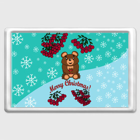 Магнит 45*70 с принтом Мишка и рождество в Санкт-Петербурге, Пластик | Размер: 78*52 мм; Размер печати: 70*45 | Тематика изображения на принте: 2022 | merry christmas | ветки | год тигра | детский | животные | зима | зимний | лес | медведь | мишка | мультяшный | новогодний | новый год | подарок | праздничный | рождество | рябина | снег | снегопад