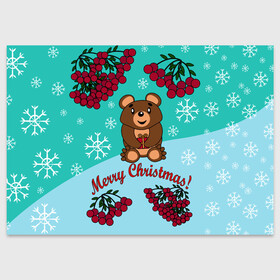 Поздравительная открытка с принтом Мишка и рождество в Санкт-Петербурге, 100% бумага | плотность бумаги 280 г/м2, матовая, на обратной стороне линовка и место для марки
 | 2022 | merry christmas | ветки | год тигра | детский | животные | зима | зимний | лес | медведь | мишка | мультяшный | новогодний | новый год | подарок | праздничный | рождество | рябина | снег | снегопад