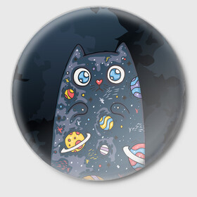 Значок с принтом Космический кот в планетах в Санкт-Петербурге,  металл | круглая форма, металлическая застежка в виде булавки | животное | космический | космос | кот | кот марсианин | планеты