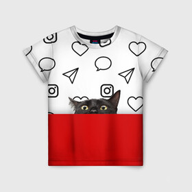 Детская футболка 3D с принтом Котограмм обыкновенный в Санкт-Петербурге, 100% гипоаллергенный полиэфир | прямой крой, круглый вырез горловины, длина до линии бедер, чуть спущенное плечо, ткань немного тянется | Тематика изображения на принте: cat | girls | heart | hearts | instagram | red | telegram | top | trend | viber | whatsapp | white | белый | вайбер | ватсап | девушкам | инстаграмм | кот | кошка | красный | сердечки | сердце | телеграмм | топ | тренд