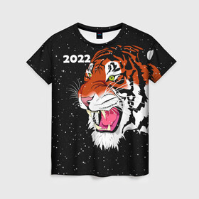 Женская футболка 3D с принтом Рычащий Тигр и Снегопад 2022 в Санкт-Петербурге, 100% полиэфир ( синтетическое хлопкоподобное полотно) | прямой крой, круглый вырез горловины, длина до линии бедер | 2022 | black | cat | christmas | merry | new year | snow | tiger | xmas | водяной | год тигра | животные | кот | кошки | новый год | паттерн | полосатый | рождество | снег | снежинки | тигры | узор | цветы | черный
