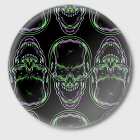 Значок с принтом Skulls vanguard pattern 2077 в Санкт-Петербурге,  металл | круглая форма, металлическая застежка в виде булавки | Тематика изображения на принте: fashion | hype | neon | pattern | skull | vanguard | авангард | неон | узор | хайп | череп