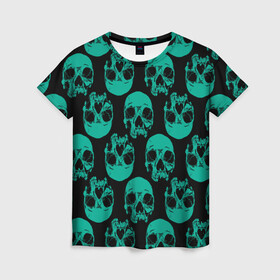 Женская футболка 3D с принтом Узор из зелёных черепков в Санкт-Петербурге, 100% полиэфир ( синтетическое хлопкоподобное полотно) | прямой крой, круглый вырез горловины, длина до линии бедер | fashion | hype | pattern | skull | мода | узор | хайп | череп