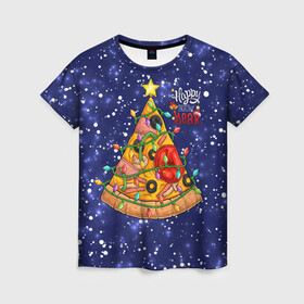 Женская футболка 3D с принтом Новогодняя Елка Пицца в Санкт-Петербурге, 100% полиэфир ( синтетическое хлопкоподобное полотно) | прямой крой, круглый вырез горловины, длина до линии бедер | christmas | pizza | гирлянда | елка | ель | звезда | новый год | пицца | рождество