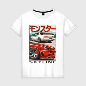 Женская футболка хлопок с принтом Nissan Skyline Ниссан Скайлайн в Санкт-Петербурге, 100% хлопок | прямой крой, круглый вырез горловины, длина до линии бедер, слегка спущенное плечо | auto | car | japan | nissan | racing | retro | авто | гонки | машины | ниссан | ретро | скайлайн | тачки | япония