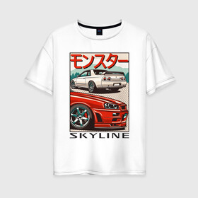 Женская футболка хлопок Oversize с принтом Nissan Skyline Ниссан Скайлайн в Санкт-Петербурге, 100% хлопок | свободный крой, круглый ворот, спущенный рукав, длина до линии бедер
 | auto | car | japan | nissan | racing | retro | авто | гонки | машины | ниссан | ретро | скайлайн | тачки | япония