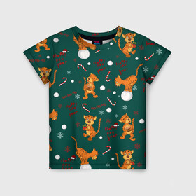Детская футболка 3D с принтом тигр и рождество в Санкт-Петербурге, 100% гипоаллергенный полиэфир | прямой крой, круглый вырез горловины, длина до линии бедер, чуть спущенное плечо, ткань немного тянется | happy new year | merry christmas | год тигра | животные | звери | зеленый | зима | зимний принт | иллюстрация | кошка | красный | леденец | новогодний | оранжевый | подарок | полосатый | рождество | снег | снегопад