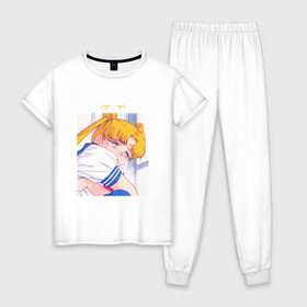 Женская пижама хлопок с принтом Sad Usagi | Sailor Moon в Санкт-Петербурге, 100% хлопок | брюки и футболка прямого кроя, без карманов, на брюках мягкая резинка на поясе и по низу штанин | sailor moon | usagi tsukino | сейлор мун | усаги | усаги цукино