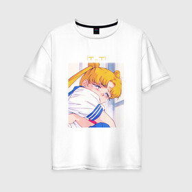 Женская футболка хлопок Oversize с принтом Sad Usagi | Sailor Moon в Санкт-Петербурге, 100% хлопок | свободный крой, круглый ворот, спущенный рукав, длина до линии бедер
 | sailor moon | usagi tsukino | сейлор мун | усаги | усаги цукино