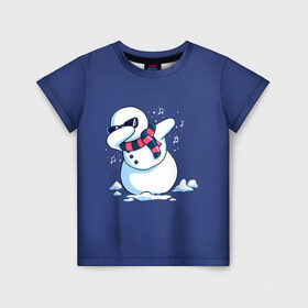 Детская футболка 3D с принтом Dab Snowman in a scarf в Санкт-Петербурге, 100% гипоаллергенный полиэфир | прямой крой, круглый вырез горловины, длина до линии бедер, чуть спущенное плечо, ткань немного тянется | 2022 | 22 | christmas | dab | dub | new | notes | scarf | snow | snowman | snowy | woman | year | баба | год | даб | новый | ноты | очки | рождество | снег | снеговик | снежная | шарф