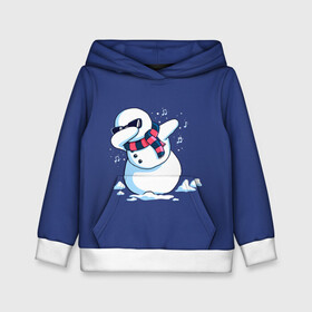 Детская толстовка 3D с принтом Dab Snowman in a scarf в Санкт-Петербурге, 100% полиэстер | двухслойный капюшон со шнурком для регулировки, мягкие манжеты на рукавах и по низу толстовки, спереди карман-кенгуру с мягким внутренним слоем | 2022 | 22 | christmas | dab | dub | new | notes | scarf | snow | snowman | snowy | woman | year | баба | год | даб | новый | ноты | очки | рождество | снег | снеговик | снежная | шарф