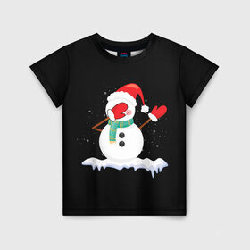 Детская футболка 3D с принтом Cartoon Dab Snowman в Санкт-Петербурге, 100% гипоаллергенный полиэфир | прямой крой, круглый вырез горловины, длина до линии бедер, чуть спущенное плечо, ткань немного тянется | 2022 | 22 | cartoon | christmas | dab | dub | mult | new | notes | scarf | snow | snowman | snowy | woman | year | баба | год | даб | мультяшный | новый | очки | рождество | снег | снеговик | снежная | шарф