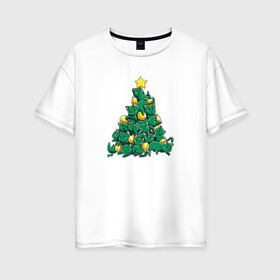 Женская футболка хлопок Oversize с принтом Christmas Tree Made Of Green Cats в Санкт-Петербурге, 100% хлопок | свободный крой, круглый ворот, спущенный рукав, длина до линии бедер
 | cat | cats | christmas | decotarions | green | kittens | made | new | of | star | toys | tree | year | год | ёлка | звезда | игрушки | кот | коты | котята | кошки | новый | рождество
