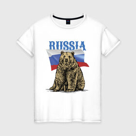 Женская футболка хлопок с принтом Символика России и медведь в Санкт-Петербурге, 100% хлопок | прямой крой, круглый вырез горловины, длина до линии бедер, слегка спущенное плечо | bear | courage | fearlessness | flag | force | muzzle | paws | power | russia | бесстрашие | лапы | медведь | мощь | мужество | отвага | россия | сила | флаг