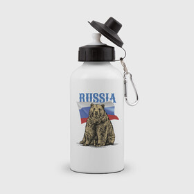 Бутылка спортивная с принтом Символика России и медведь в Санкт-Петербурге, металл | емкость — 500 мл, в комплекте две пластиковые крышки и карабин для крепления | bear | courage | fearlessness | flag | force | muzzle | paws | power | russia | бесстрашие | лапы | медведь | мощь | мужество | отвага | россия | сила | флаг