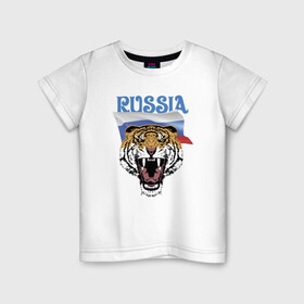 Детская футболка хлопок с принтом Уссурийский русский тигр в Санкт-Петербурге, 100% хлопок | круглый вырез горловины, полуприлегающий силуэт, длина до линии бедер | courage | fearlessness | flag | force | muzzle | paws | power | russia | tiger | бесстрашие | лапы | мощь | мужество | отвага | россия | сила | тигр | флаг