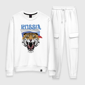 Женский костюм хлопок с принтом Уссурийский русский тигр в Санкт-Петербурге, 100% хлопок | на свитшоте круглая горловина, мягкая резинка по низу. Брюки заужены к низу, на них два вида карманов: два 