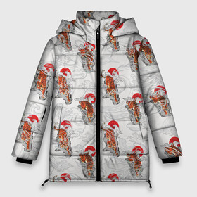 Женская зимняя куртка Oversize с принтом Тигр Закат Волны в Санкт-Петербурге, верх — 100% полиэстер; подкладка — 100% полиэстер; утеплитель — 100% полиэстер | длина ниже бедра, силуэт Оверсайз. Есть воротник-стойка, отстегивающийся капюшон и ветрозащитная планка. 

Боковые карманы с листочкой на кнопках и внутренний карман на молнии | Тематика изображения на принте: волны | горы | животное | паттерн | солнце | тигр | хищник