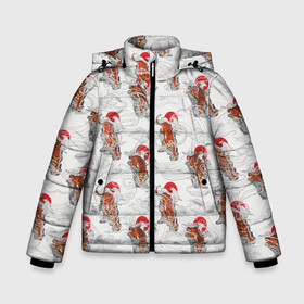 Зимняя куртка для мальчиков 3D с принтом Тигр Закат Волны в Санкт-Петербурге, ткань верха — 100% полиэстер; подклад — 100% полиэстер, утеплитель — 100% полиэстер | длина ниже бедра, удлиненная спинка, воротник стойка и отстегивающийся капюшон. Есть боковые карманы с листочкой на кнопках, утяжки по низу изделия и внутренний карман на молнии. 

Предусмотрены светоотражающий принт на спинке, радужный светоотражающий элемент на пуллере молнии и на резинке для утяжки | Тематика изображения на принте: волны | горы | животное | паттерн | солнце | тигр | хищник