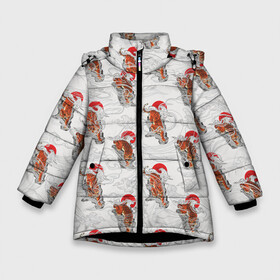 Зимняя куртка для девочек 3D с принтом Тигр Закат Волны в Санкт-Петербурге, ткань верха — 100% полиэстер; подклад — 100% полиэстер, утеплитель — 100% полиэстер. | длина ниже бедра, удлиненная спинка, воротник стойка и отстегивающийся капюшон. Есть боковые карманы с листочкой на кнопках, утяжки по низу изделия и внутренний карман на молнии. 

Предусмотрены светоотражающий принт на спинке, радужный светоотражающий элемент на пуллере молнии и на резинке для утяжки. | волны | горы | животное | паттерн | солнце | тигр | хищник