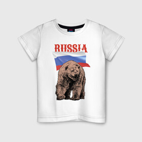 Детская футболка хлопок с принтом Русский свирепый медведь в Санкт-Петербурге, 100% хлопок | круглый вырез горловины, полуприлегающий силуэт, длина до линии бедер | bear | courage | fearlessness | flag | force | muzzle | paws | power | russia | бесстрашие | лапы | медведь | мощь | мужество | отвага | россия | сила | флаг