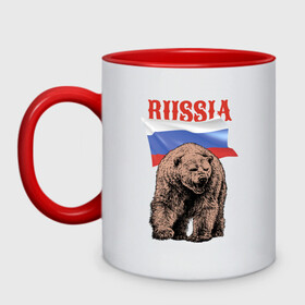 Кружка двухцветная с принтом Русский свирепый медведь в Санкт-Петербурге, керамика | объем — 330 мл, диаметр — 80 мм. Цветная ручка и кайма сверху, в некоторых цветах — вся внутренняя часть | bear | courage | fearlessness | flag | force | muzzle | paws | power | russia | бесстрашие | лапы | медведь | мощь | мужество | отвага | россия | сила | флаг