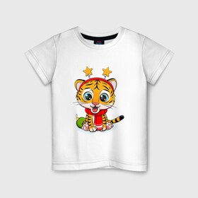 Детская футболка хлопок с принтом маленький тигренок со звездочками на голове в Санкт-Петербурге, 100% хлопок | круглый вырез горловины, полуприлегающий силуэт, длина до линии бедер | 2022 | год тигра | новый год | новый год 2022 | символ года | тигр | тигренок | тигрица | тигры