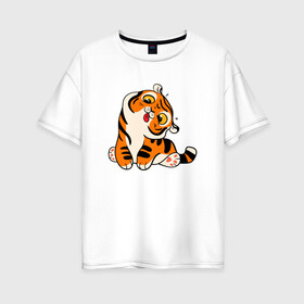 Женская футболка хлопок Oversize с принтом Смешной тигренок в Санкт-Петербурге, 100% хлопок | свободный крой, круглый ворот, спущенный рукав, длина до линии бедер
 | 2022 | год тигра | новый год | новый год 2022 | символ года | тигр | тигренок | тигрица | тигры