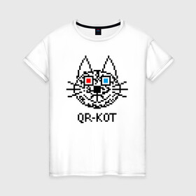 Женская футболка хлопок с принтом QR кот в стерео очках. в Санкт-Петербурге, 100% хлопок | прямой крой, круглый вырез горловины, длина до линии бедер, слегка спущенное плечо | 3d | head | kitten | kote | pixels | qr cat | qr code | qr код | qr кот | watching a movie | голова | котенок | котэ | кошка | пиксели | смотрит кино | стерео очки