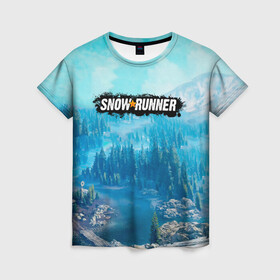 Женская футболка 3D с принтом SnowRunner СноуРаннер логотип в Санкт-Петербурге, 100% полиэфир ( синтетическое хлопкоподобное полотно) | прямой крой, круглый вырез горловины, длина до линии бедер | race | snowrunner | гонки | гонки по бездорожью | гоночные игры | зимние гонки | снежные гонки | снежный бегун | сноу раннер | сноураннер