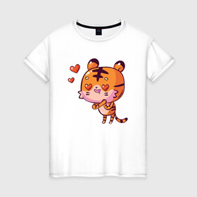 Женская футболка хлопок с принтом влюбленный тигренок LOVE в Санкт-Петербурге, 100% хлопок | прямой крой, круглый вырез горловины, длина до линии бедер, слегка спущенное плечо | 2022 | год тигра | новый год | новый год 2022 | символ года | тигр | тигренок | тигрица | тигры