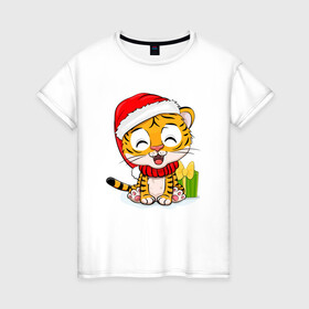 Женская футболка хлопок с принтом Тигренок с новогодними подарками New year в Санкт-Петербурге, 100% хлопок | прямой крой, круглый вырез горловины, длина до линии бедер, слегка спущенное плечо | 2022 | год тигра | новый год | новый год 2022 | символ года | тигр | тигренок | тигрица | тигры