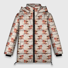 Женская зимняя куртка Oversize с принтом Зима снегири в Санкт-Петербурге, верх — 100% полиэстер; подкладка — 100% полиэстер; утеплитель — 100% полиэстер | длина ниже бедра, силуэт Оверсайз. Есть воротник-стойка, отстегивающийся капюшон и ветрозащитная планка. 

Боковые карманы с листочкой на кнопках и внутренний карман на молнии | зима | зимняя птица | новый год | ноговодняя | птица | птичка | снегирь | холод