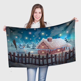 Флаг 3D с принтом Домик в деревне в Санкт-Петербурге, 100% полиэстер | плотность ткани — 95 г/м2, размер — 67 х 109 см. Принт наносится с одной стороны | new year | арт | графика | деревня | дом | зима | новый год | рождество | снеговик