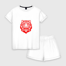 Женская пижама с шортиками хлопок с принтом Символ года (тигренок красный) в Санкт-Петербурге, 100% хлопок | футболка прямого кроя, шорты свободные с широкой мягкой резинкой | 2022 | девушке | новый год | подарок | символ года | тигр | тигренок