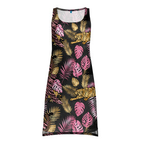 Платье-майка 3D с принтом Тропические листья микс в Санкт-Петербурге, 100% полиэстер | полуприлегающий силуэт, широкие бретели, круглый вырез горловины, удлиненный подол сзади. | джунгли | лето | листья | паттерн | тропики | тропические листья
