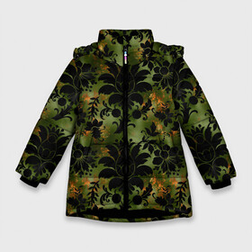 Зимняя куртка для девочек 3D с принтом Темные тропические листья в Санкт-Петербурге, ткань верха — 100% полиэстер; подклад — 100% полиэстер, утеплитель — 100% полиэстер. | длина ниже бедра, удлиненная спинка, воротник стойка и отстегивающийся капюшон. Есть боковые карманы с листочкой на кнопках, утяжки по низу изделия и внутренний карман на молнии. 

Предусмотрены светоотражающий принт на спинке, радужный светоотражающий элемент на пуллере молнии и на резинке для утяжки. | джунгли | лето | листья | тропики | тропические листья
