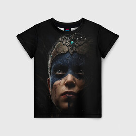 Детская футболка 3D с принтом Hellblade 2022 в Санкт-Петербурге, 100% гипоаллергенный полиэфир | прямой крой, круглый вырез горловины, длина до линии бедер, чуть спущенное плечо, ткань немного тянется | викинги | девушка | игра | племя | средневековье