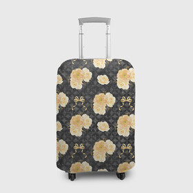 Чехол для чемодана 3D с принтом Желтые цветы на черном фоне в Санкт-Петербурге, 86% полиэфир, 14% спандекс | двустороннее нанесение принта, прорези для ручек и колес | желтые цветы | золотые цветы | паттерн | цветочки | цветы
