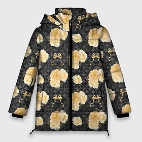 Женская зимняя куртка Oversize с принтом Желтые цветы на черном фоне в Санкт-Петербурге, верх — 100% полиэстер; подкладка — 100% полиэстер; утеплитель — 100% полиэстер | длина ниже бедра, силуэт Оверсайз. Есть воротник-стойка, отстегивающийся капюшон и ветрозащитная планка. 

Боковые карманы с листочкой на кнопках и внутренний карман на молнии | желтые цветы | золотые цветы | паттерн | цветочки | цветы