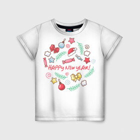 Детская футболка 3D с принтом Happy New Year * С Новым Годом * в Санкт-Петербурге, 100% гипоаллергенный полиэфир | прямой крой, круглый вырез горловины, длина до линии бедер, чуть спущенное плечо, ткань немного тянется | выходные | новый год | подарки | праздник | празднование | рожлество